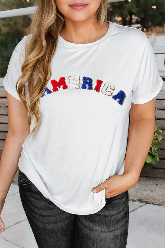 TOP121 - White America Embroidered Tee