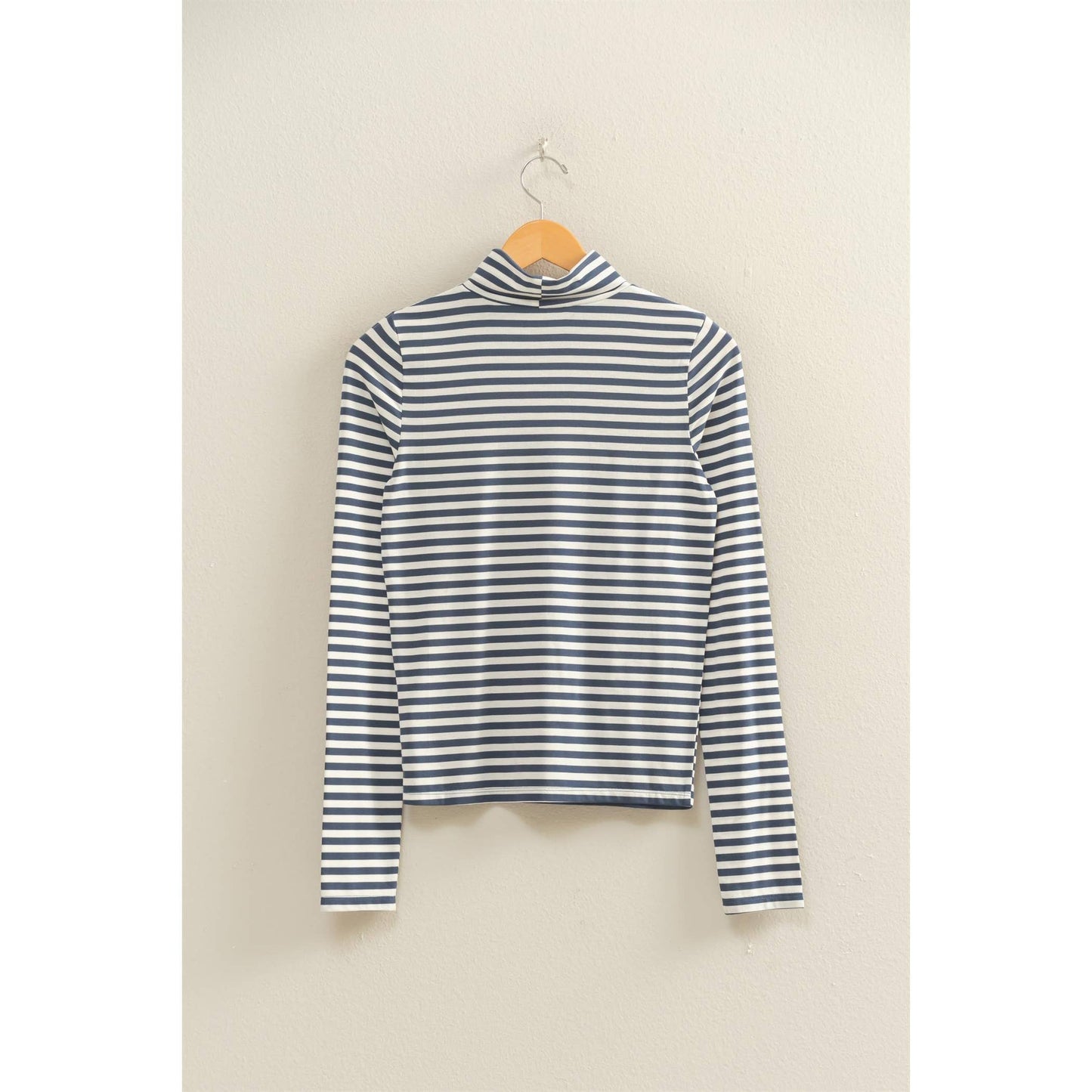 TOP171 - NAVY WHITE Striped Turtleneck Fitted Long Sleeve Top
