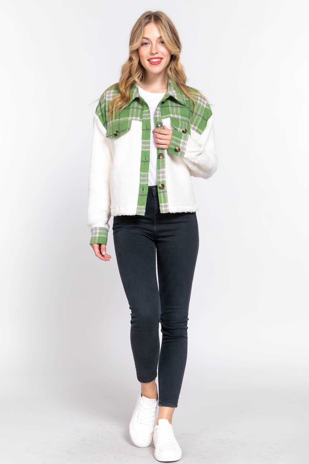 JAC123 - Button Down Plaid Contrast Faux Fur Crop Jacket