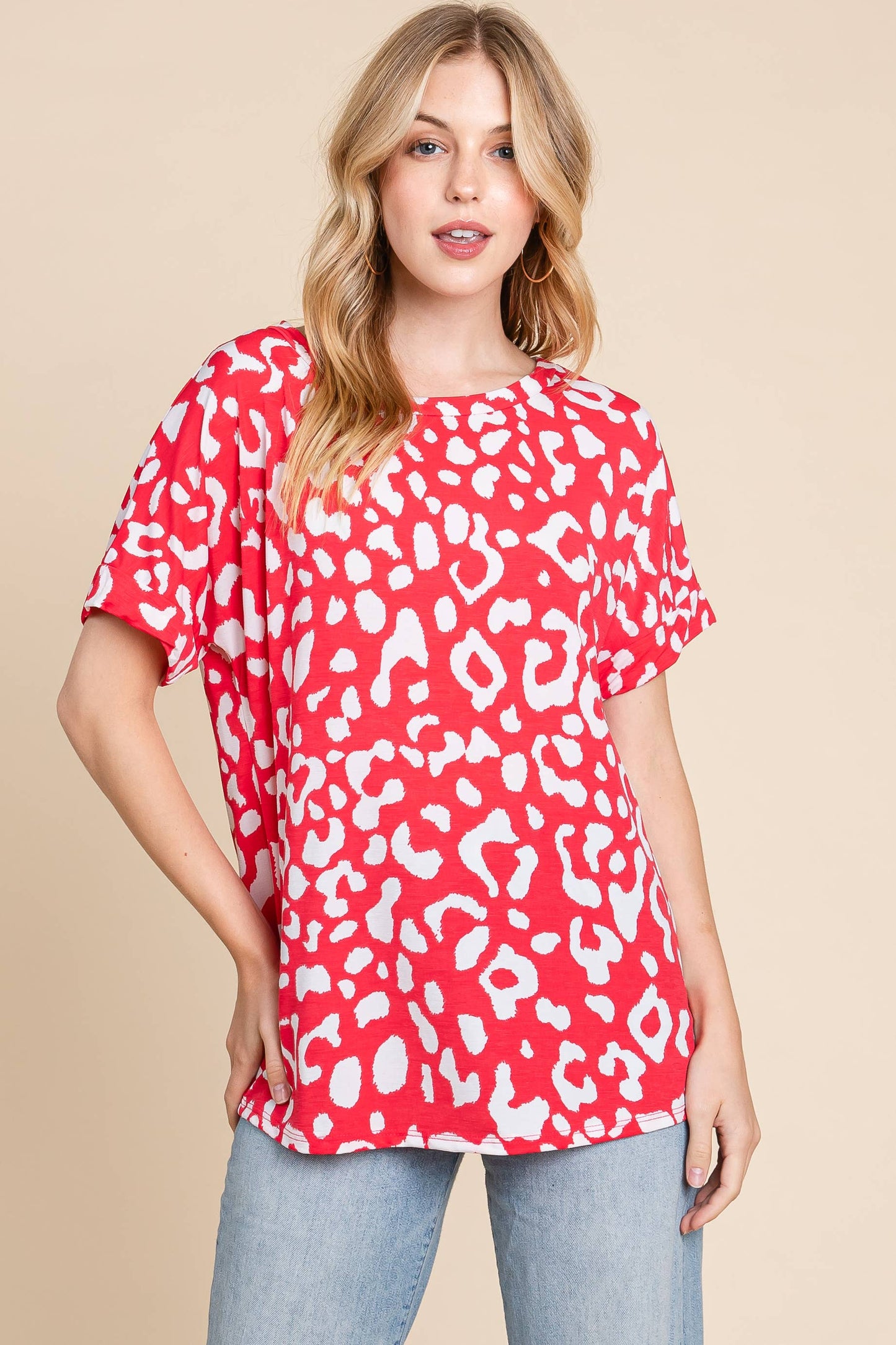 Top166 -Red & White ANIMAL PRINT STRETCHY T-SHIRT