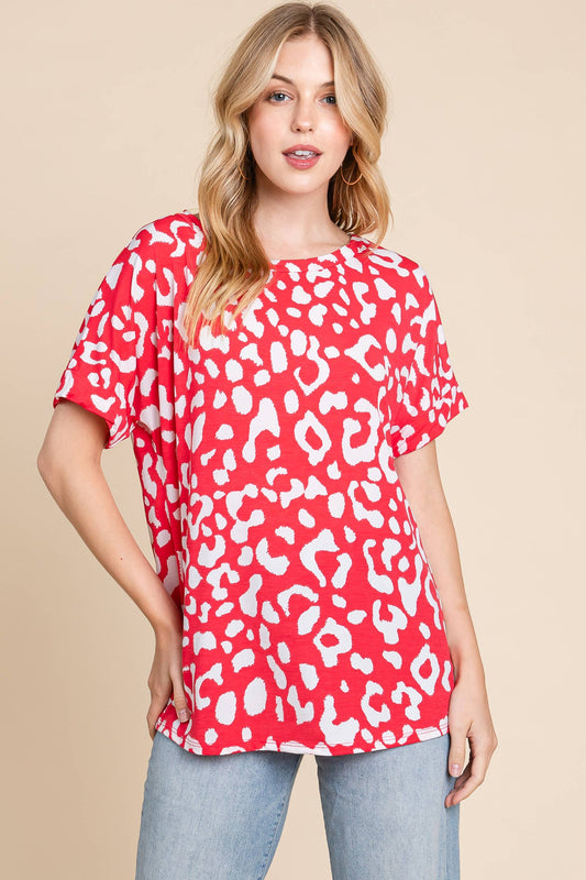 Top166 -Red & White ANIMAL PRINT STRETCHY T-SHIRT