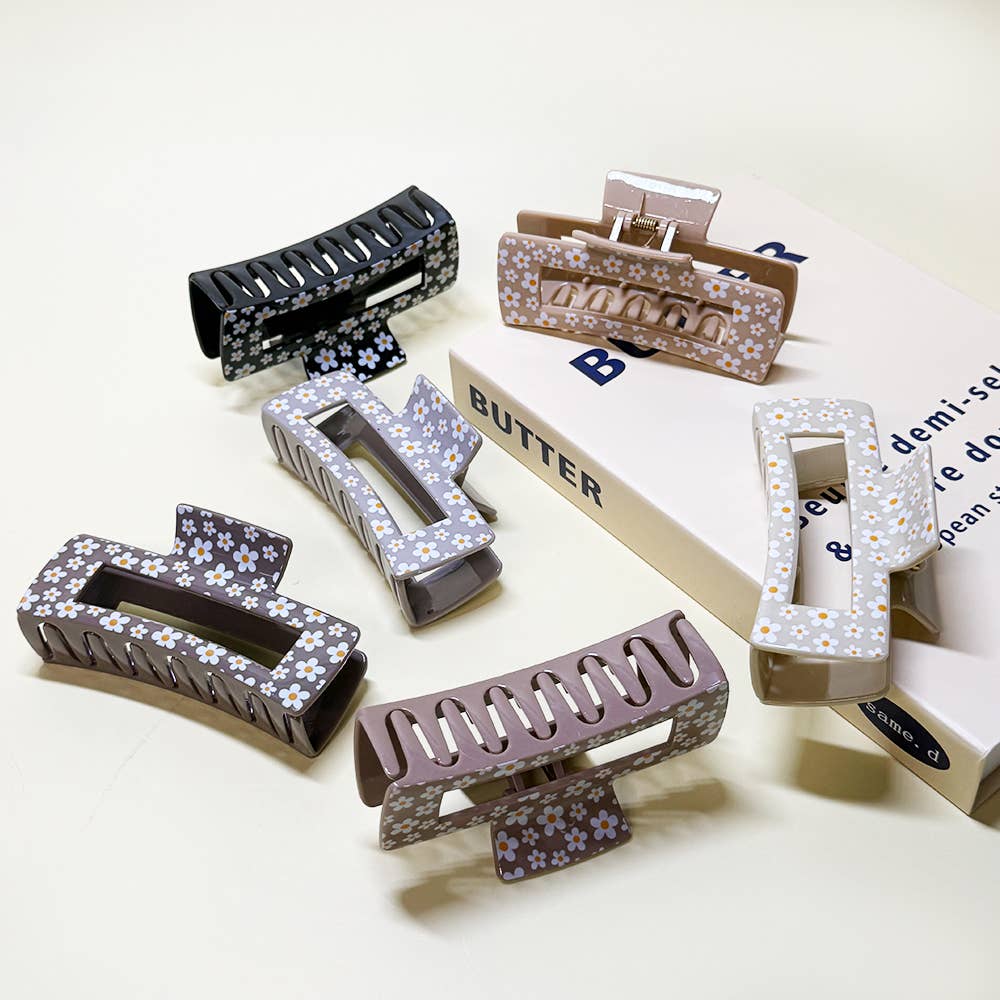 CLIP009 - Cute Flower Print Rectangle Hair Claw Clip