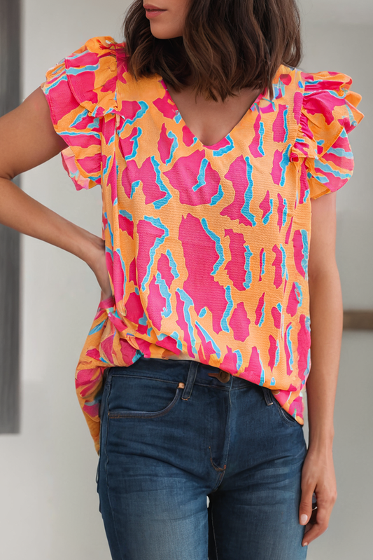 TOP119 - Abstract Ruffled Sleeve V-neck