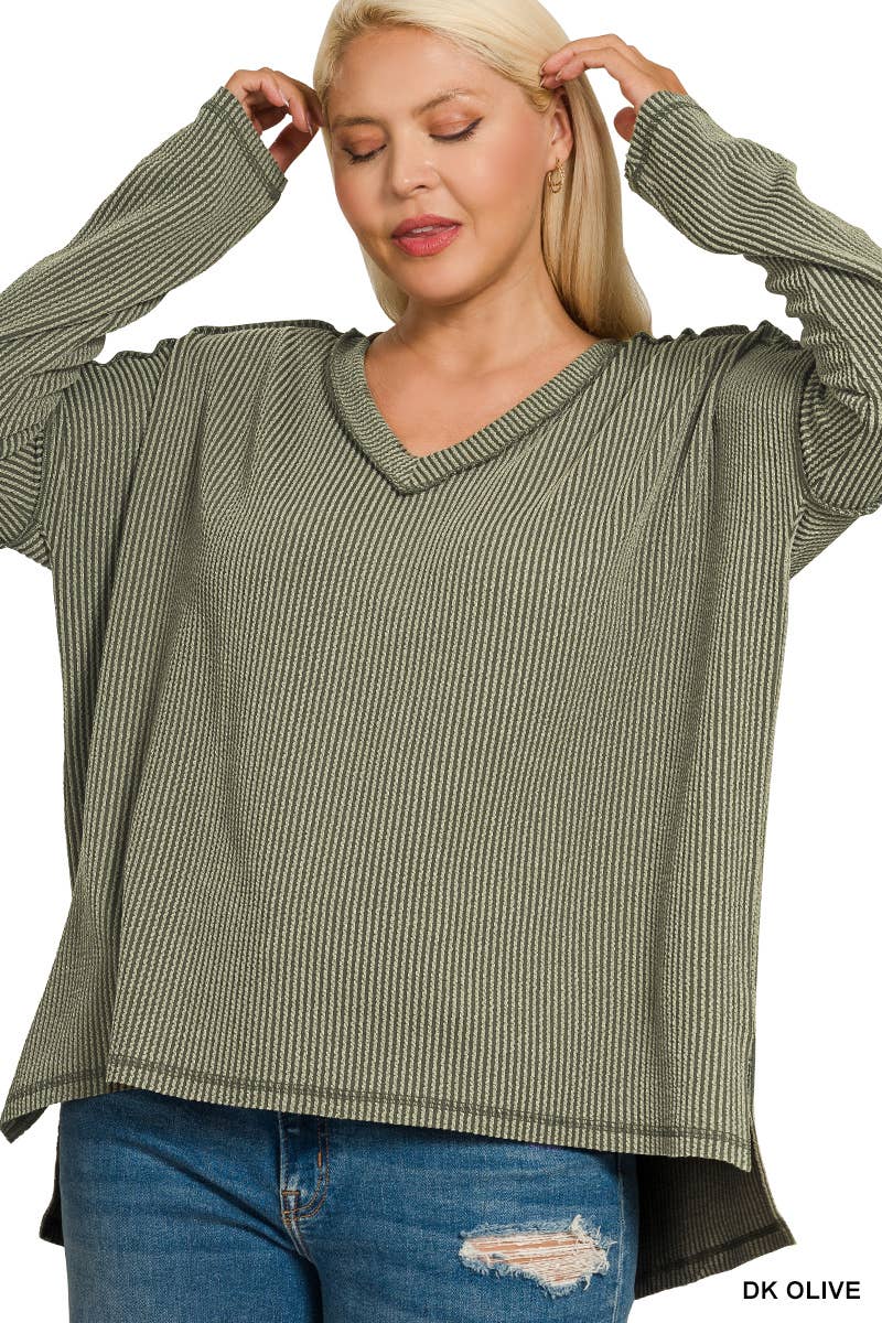 TOP161 - Plus Ribbed Long Sleeve Hi Low V Neck Top