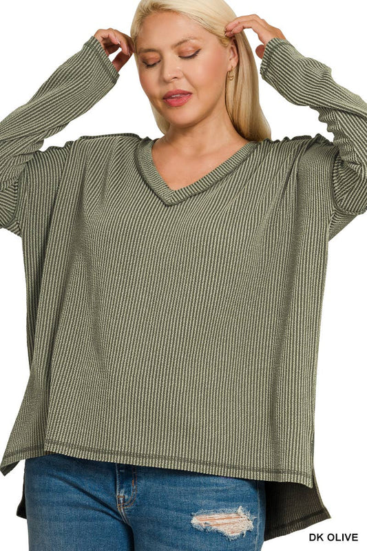 TOP161 - Plus Ribbed Long Sleeve Hi Low V Neck Top