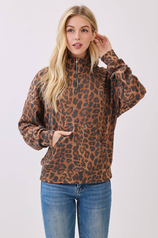 PULL100 - Leopard Ribbed Half-Zip Pullover