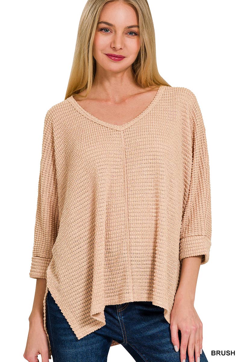 TOP162 - 3/4 Sleeve V Neck Hi Low Hem Jacquard Sweater