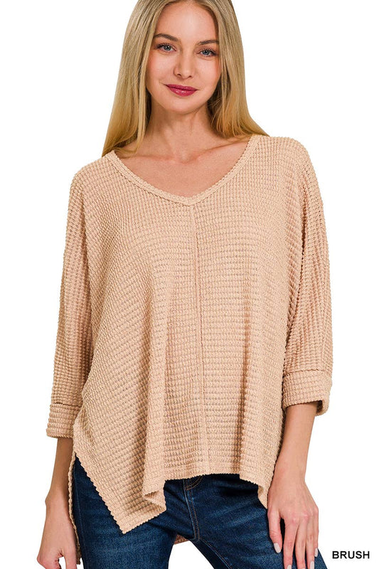 TOP162 - 3/4 Sleeve V Neck Hi Low Hem Jacquard Sweater
