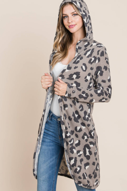 Card124 - Mocha Animal Print Hooded Knit Cardigan