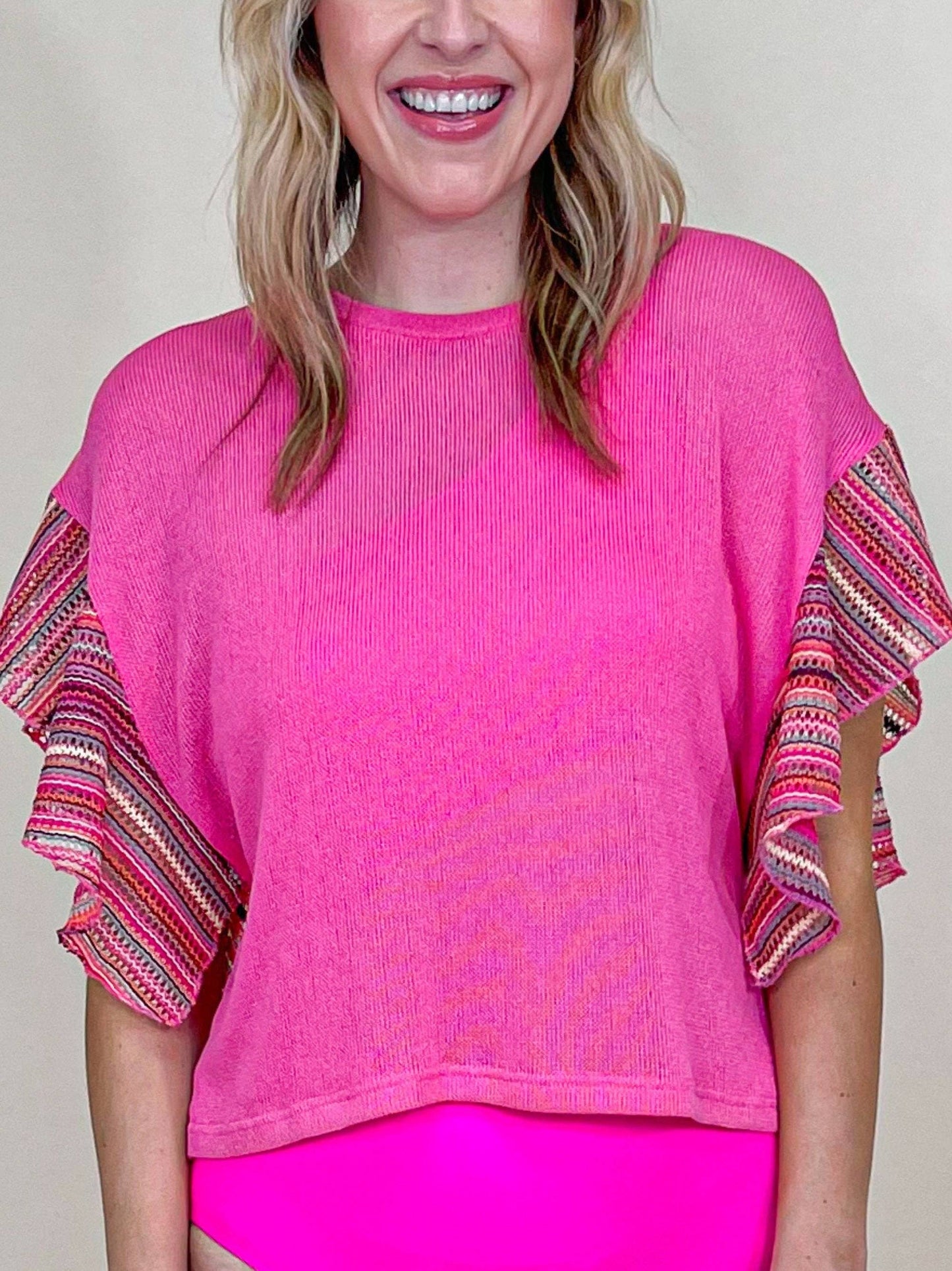 TOP114 Pink Knit Top With Striped Sleeves