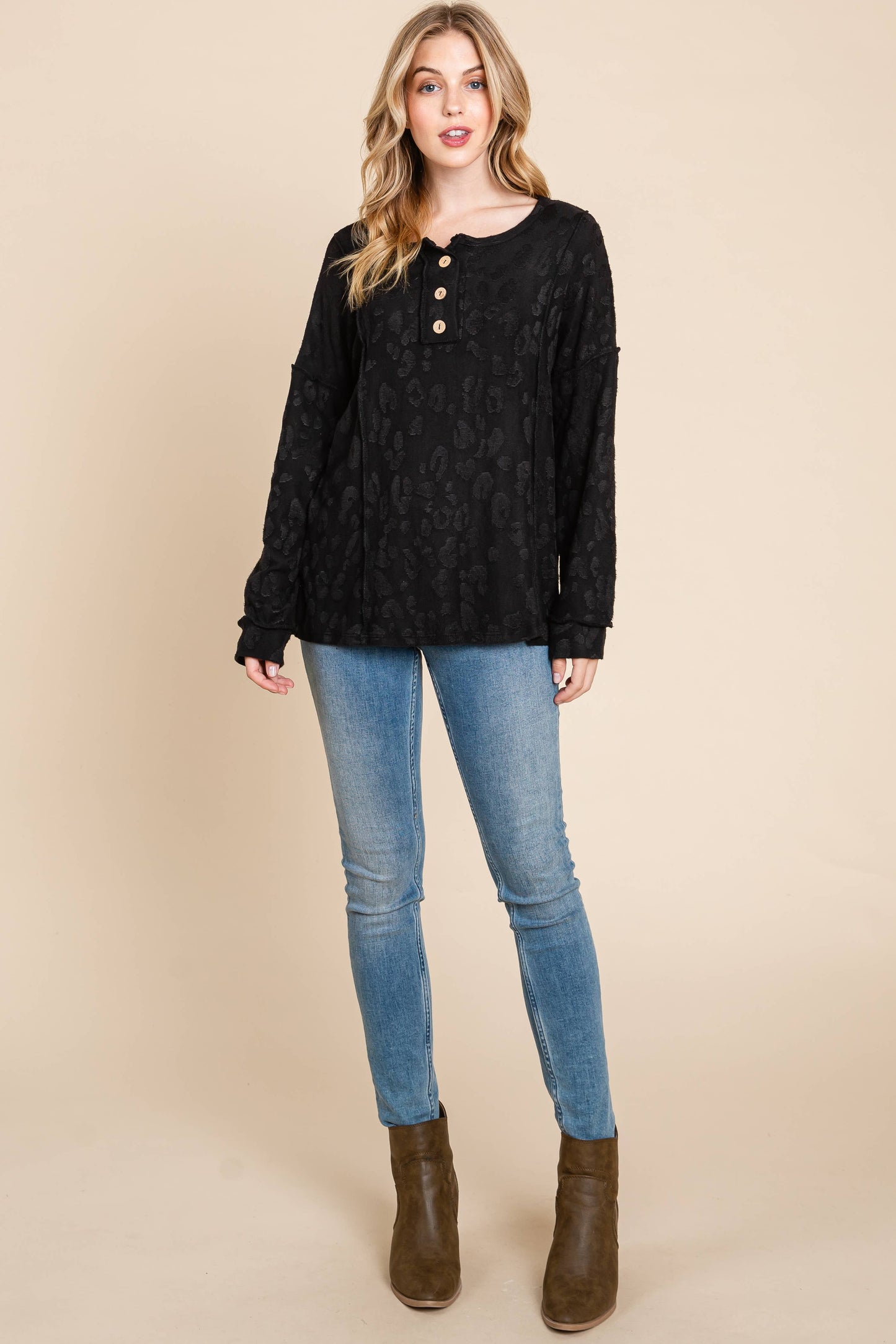 TOP170 - BLACK TEXTURED BUTTON FRONT TOP
