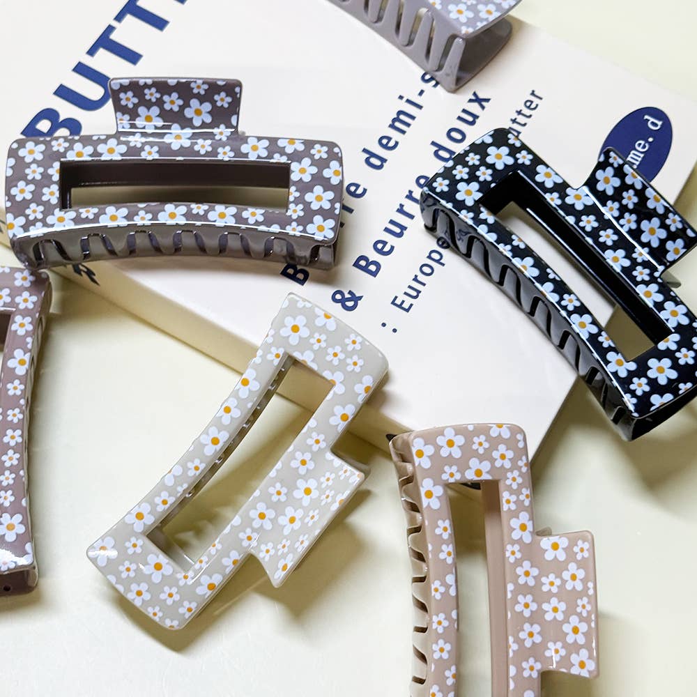CLIP009 - Cute Flower Print Rectangle Hair Claw Clip