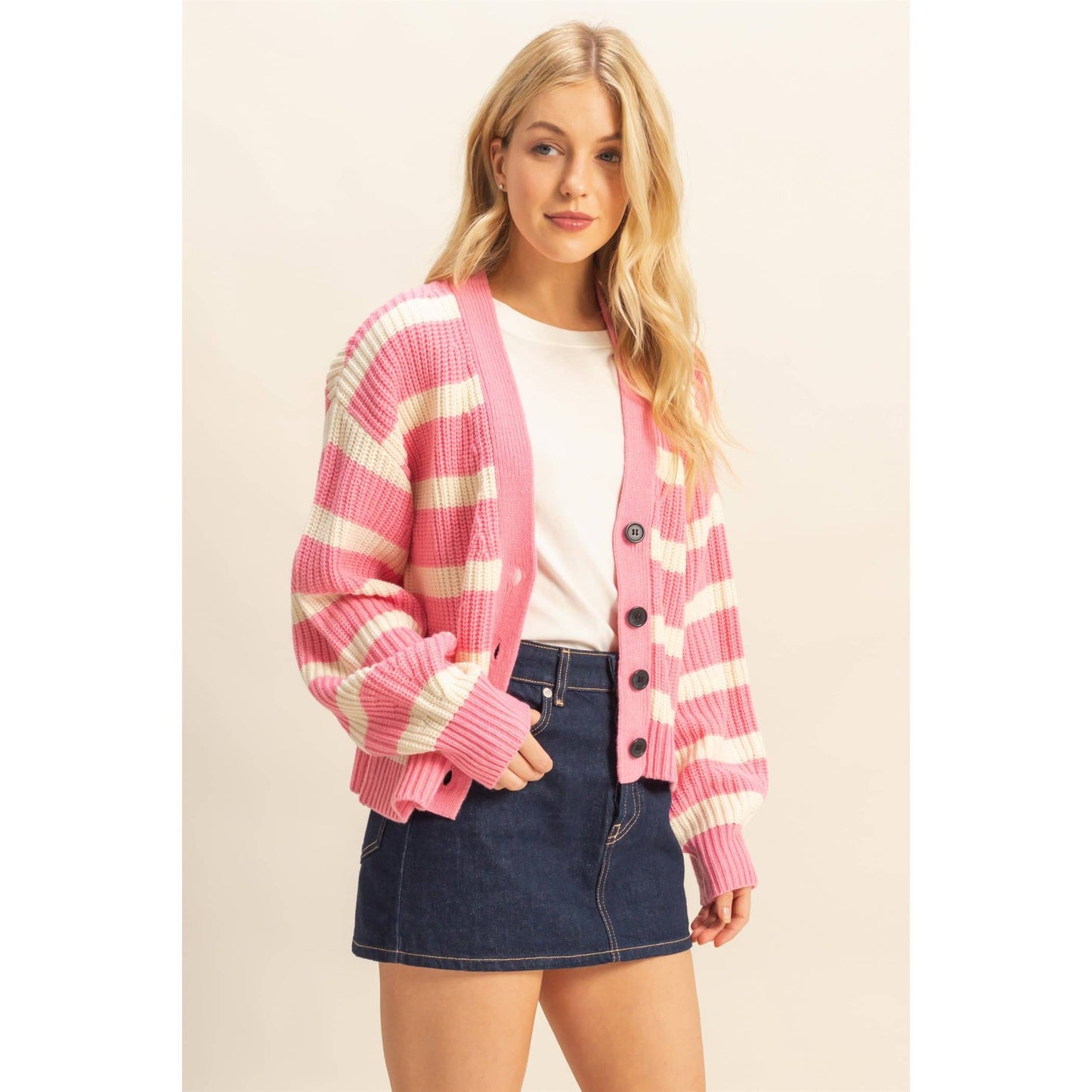 SWT002 - PINK WHITE Striped Sweater Cardigan With Button Front