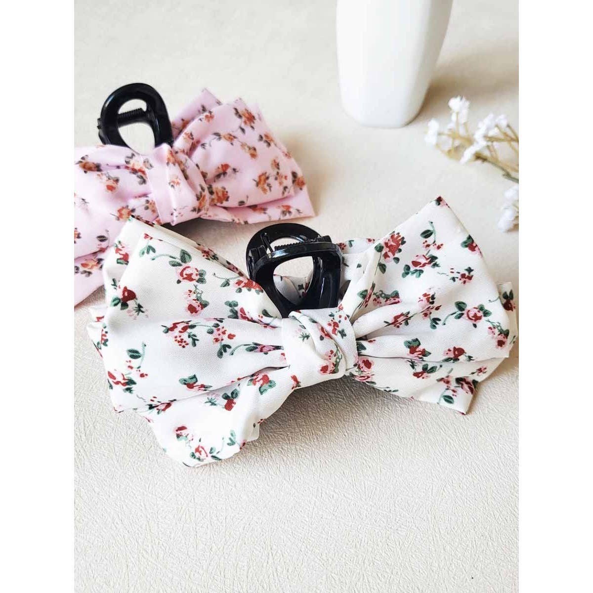 Clip013 - Flower Printed Bow Hair Claw Clips