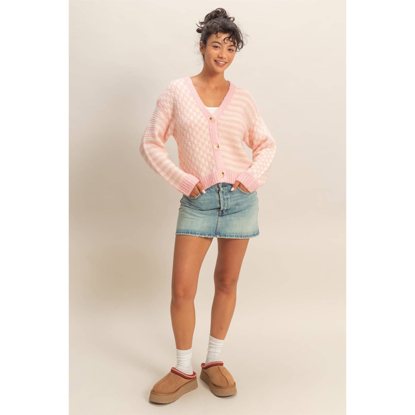 SWT001 - Pink Checker And Stripe Contrast Knit Cardigan Sweater