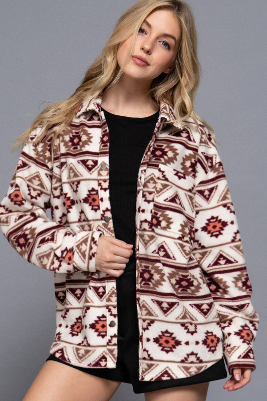 JAC125 - Aztec Printed Fleece Shacket w/ snap buttons