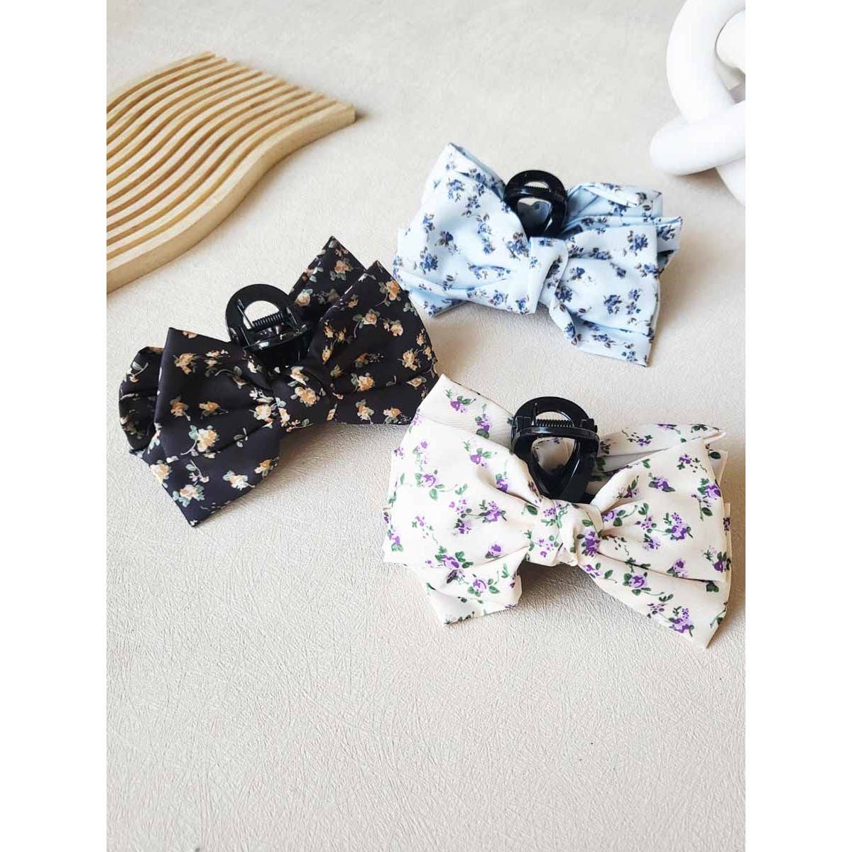 Clip013 - Flower Printed Bow Hair Claw Clips
