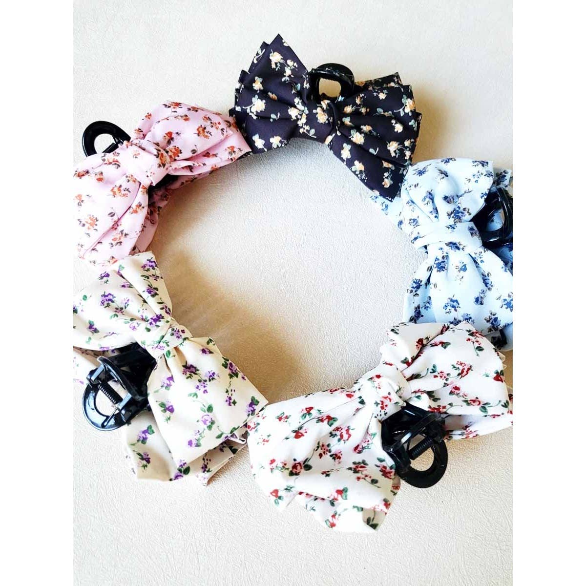 Clip013 - Flower Printed Bow Hair Claw Clips