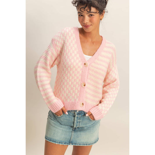 SWT001 - Pink Checker And Stripe Contrast Knit Cardigan Sweater