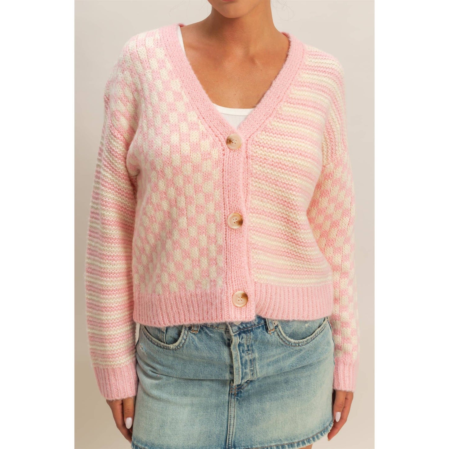 SWT001 - Pink Checker And Stripe Contrast Knit Cardigan Sweater