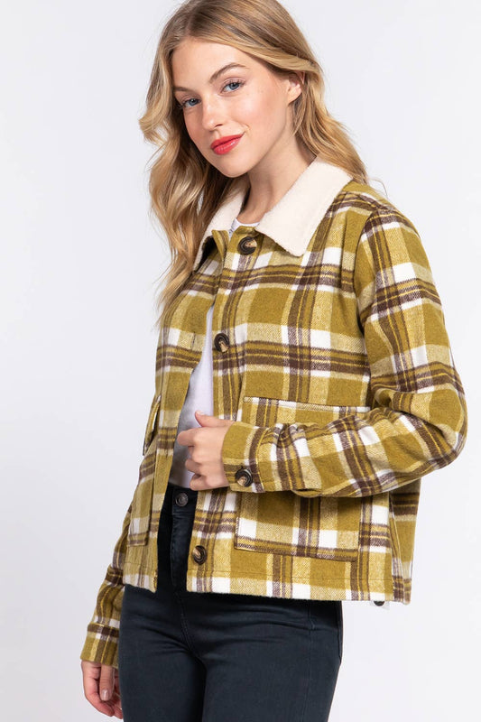 JAC124 - Faux Fur Collar Plaid Shacket