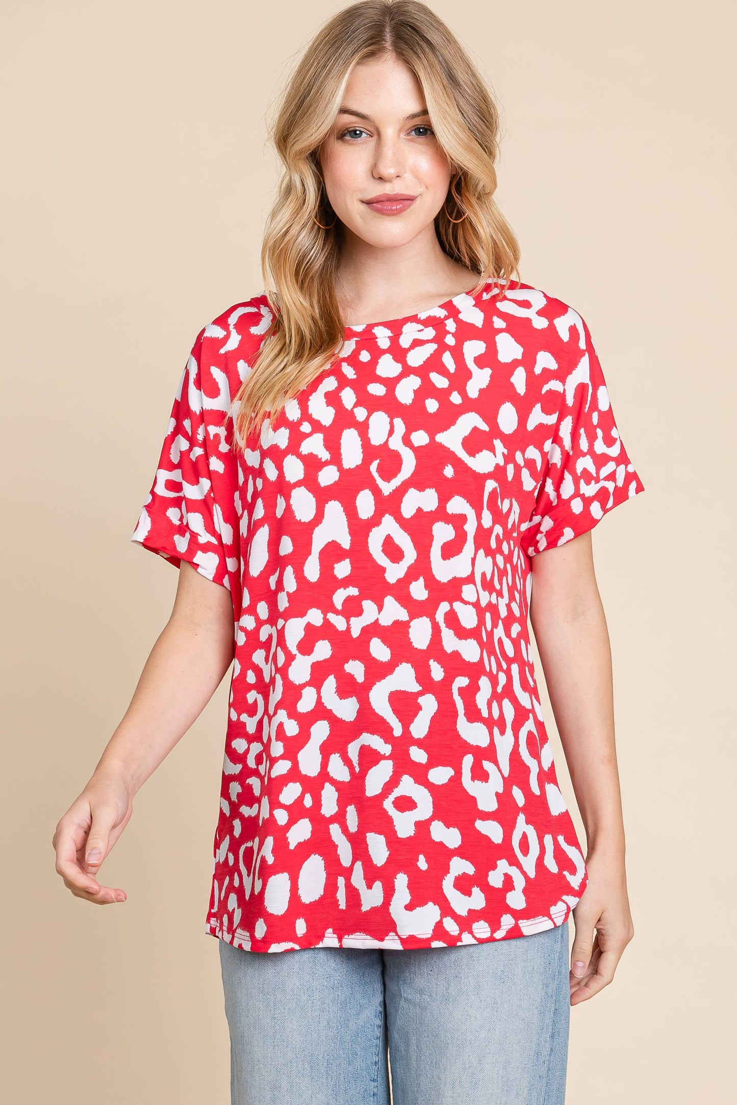 Top166 -Red & White ANIMAL PRINT STRETCHY T-SHIRT