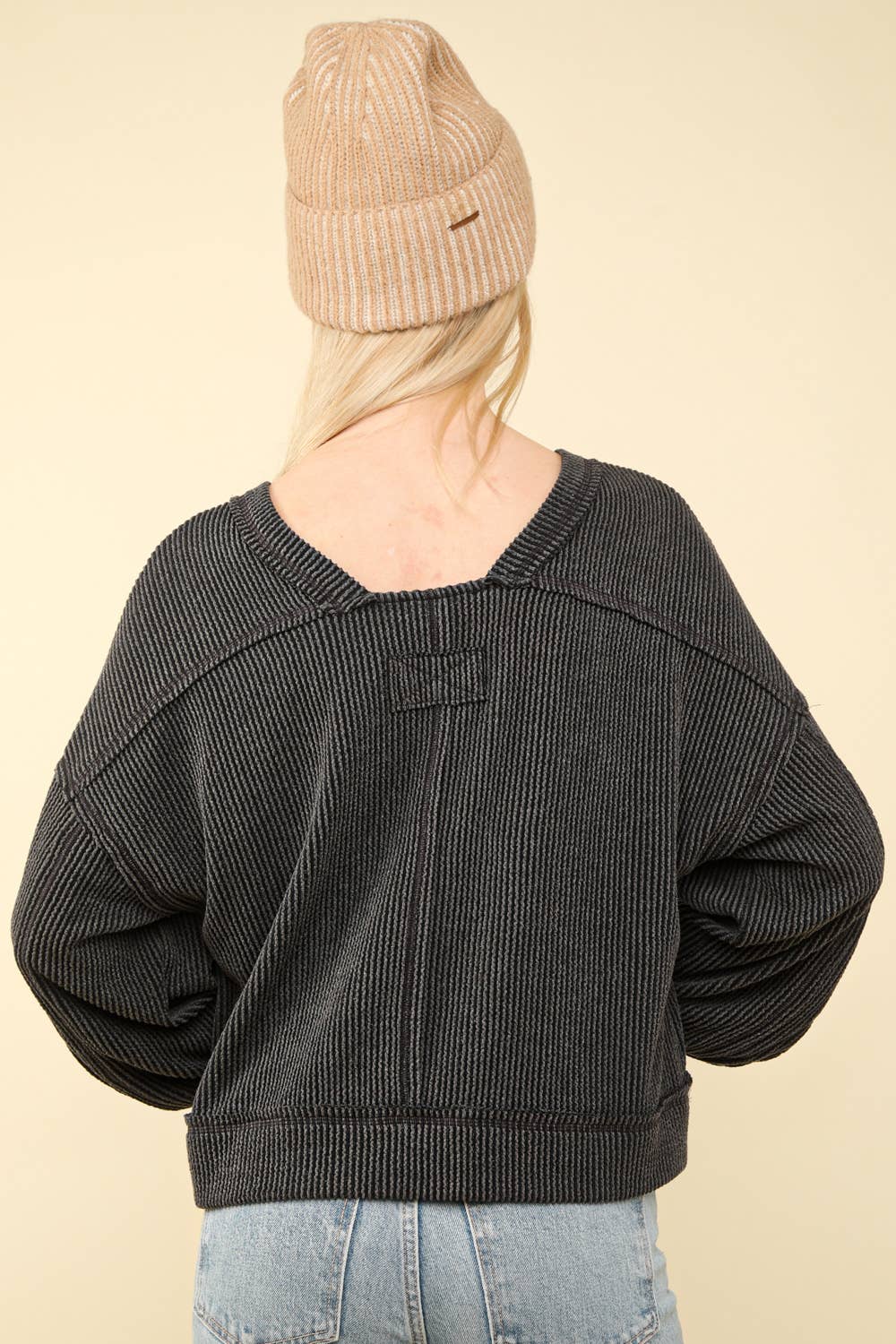 NT11947 Two Tone Ribbed Oversized Knit Top