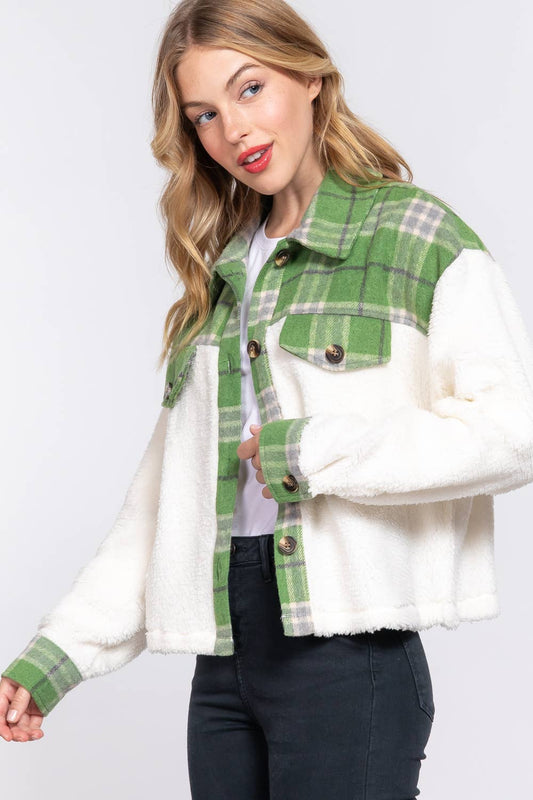 JAC123 - Button Down Plaid Contrast Faux Fur Crop Jacket