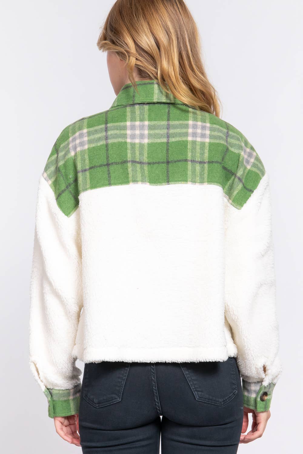 JAC123 - Button Down Plaid Contrast Faux Fur Crop Jacket