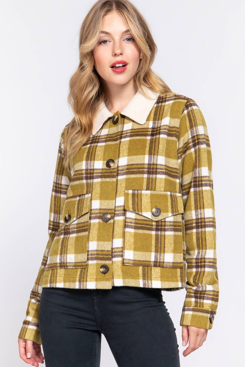 JAC124 - Faux Fur Collar Plaid Shacket