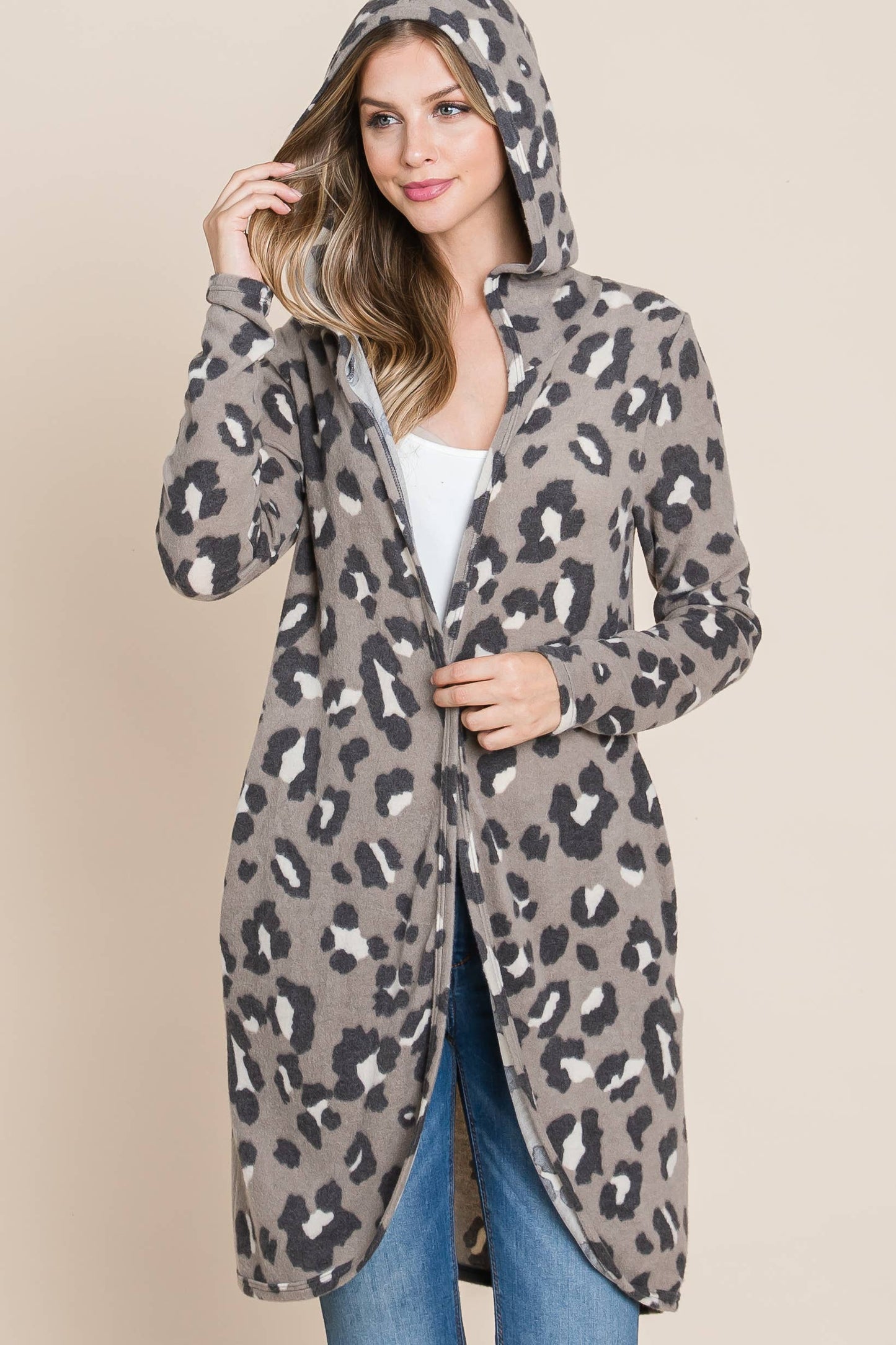 Card124 - Mocha Animal Print Hooded Knit Cardigan